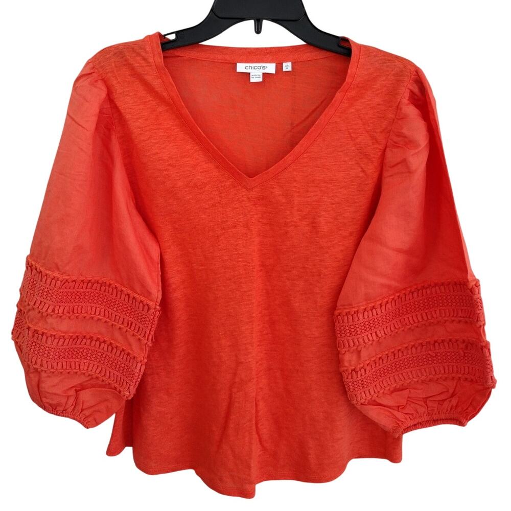 Chico's NEW Orange Blossom 100% Linen V-Neck 3/4 Balloon Sleeve Top 1/Medium